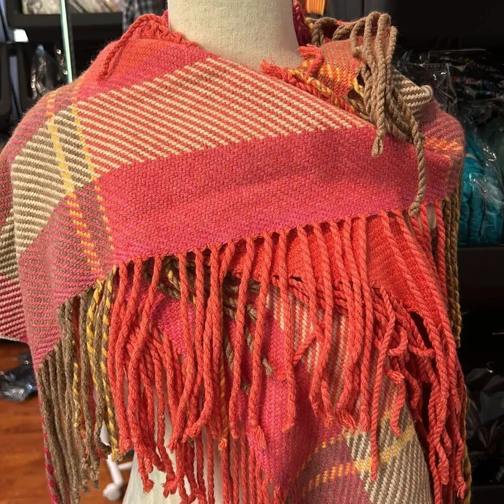 Echo gorgeous double fringe scarf pink tan and red